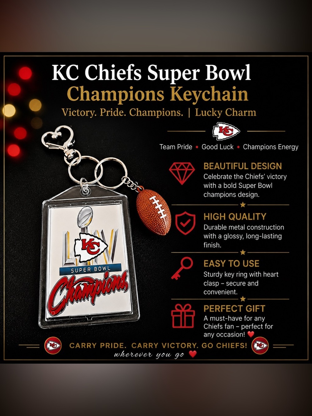*30off3* NWT. KC Super‎ Bowl Football Championship Keychain.